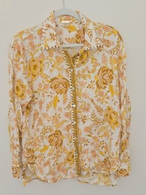 Magaschoni Floral Button-Up Linen Blouse in Yellow & Cream Boho Chic Small